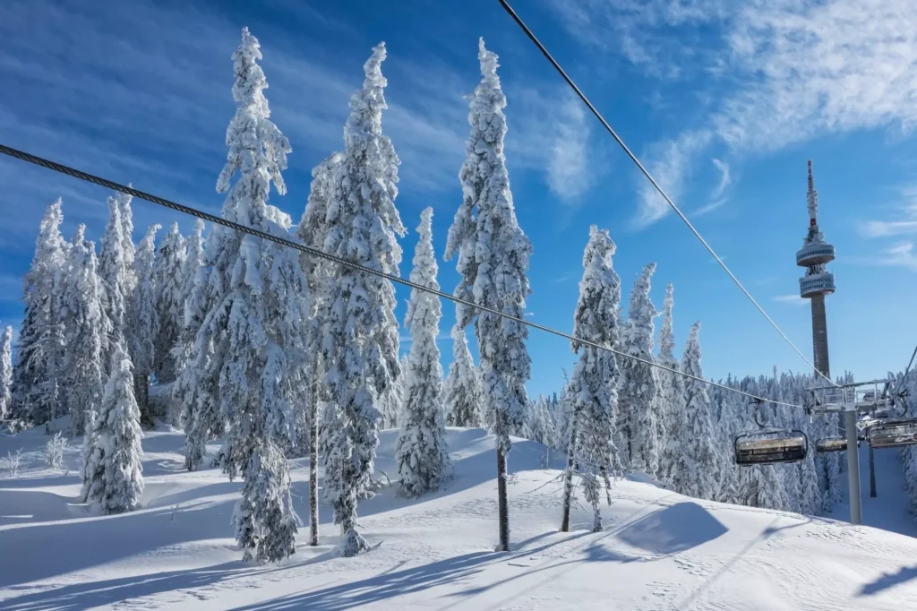 Solrig morgen i Rhodope-bjergene, skisportsstedet Pamporovo. Stolelift over fyrretræer. Snejanka TV-tårn i baggrunden. Koncept for sport og rekreation. Selektivt fokus.